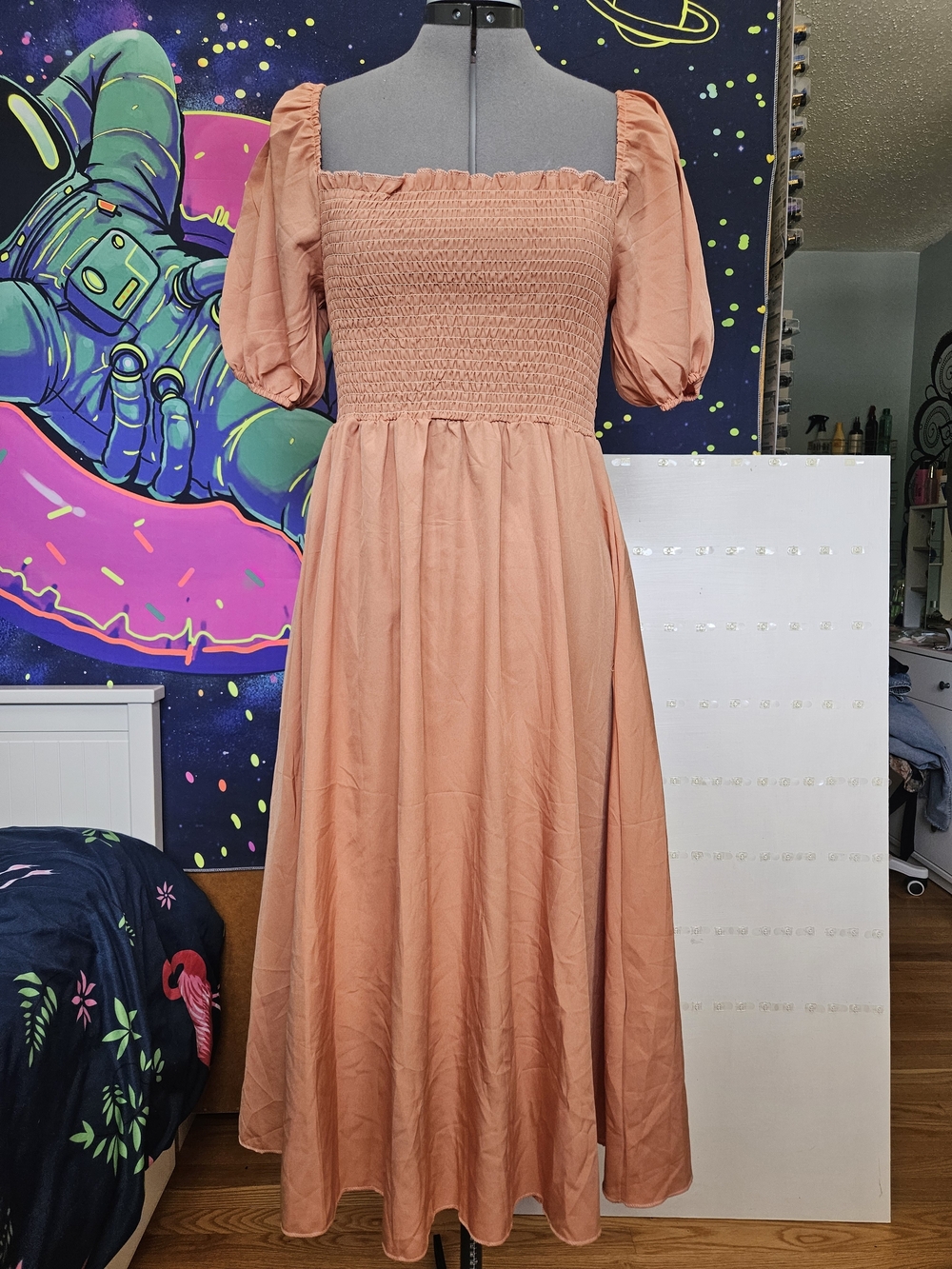 Smocked Square-Neck Midi Dress in Dusty Peach
